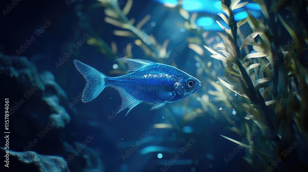 Naklejka premium Underwater Scene Featuring a Blue Fish and Aquatic Plants