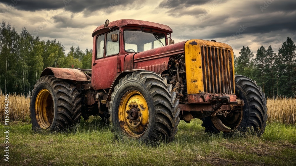 Obraz premium Vintage Tractor in Overcast Pastoral Landscape