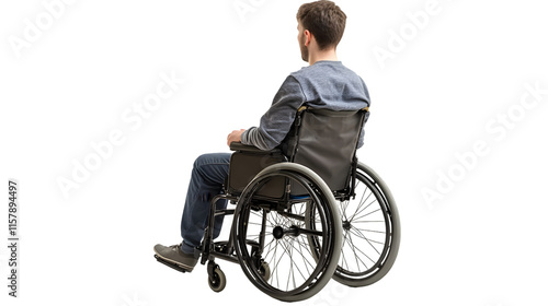Man in wheelchair looking back, accessibility concept, inclusive design and mobility innovation