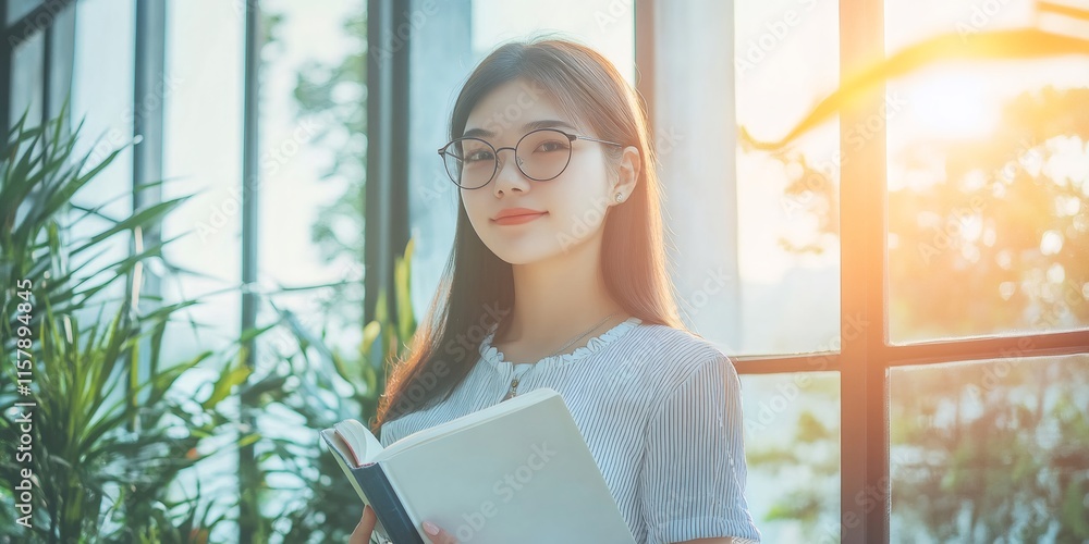 Young asian student holding book, standing near window with greenery, sunlight streaming through glass Young asian student holding book, standing near window with greenery, sunlight streaming through glass