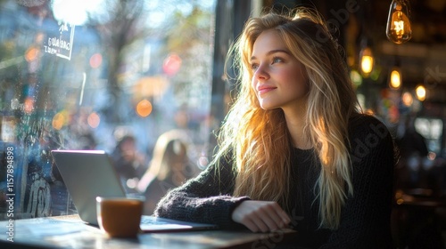 A beautiful european woman with long hair sits in a cafe, working on her laptop while enjoying a cup of coffee and the bright sunlight streaming in through the window.