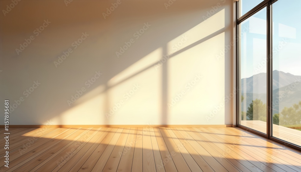 Empty modern room with big glass windows. Sunlight casts shadows on wooden floor. View of mountains, trees outside. Clean, spacious interior. Suitable for showroom luxury home design. Perfect for Empty modern room with big glass windows. Sunlight casts shadows on wooden floor. View of mountains, trees outside. Clean, spacious interior. Suitable for showroom luxury home design. Perfect for