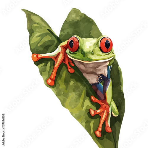 A watercolor painting of a tree frog clinging to a leaf, isolated on a white background. Tree frog vector.
