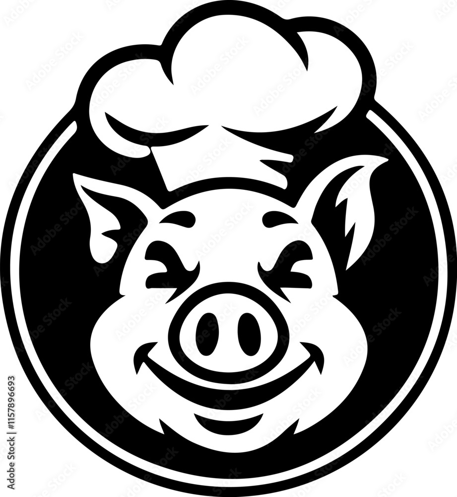 Illustration of a pig head with chef hat isolated on white background. Pork meat. Design element for poster, menu ,card. Illustration of a pig head with chef hat isolated on white background. Pork meat. Design element for poster, menu ,card.