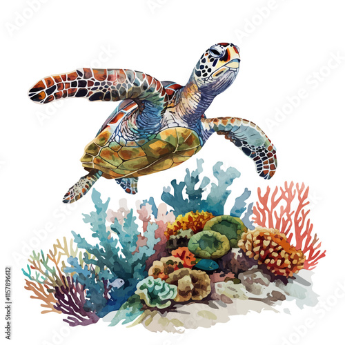 A watercolor painting of a turtle swimming in a vibrant coral reef, surrounded by colorful fish, isolated on a white background. Turtle reef vector.

