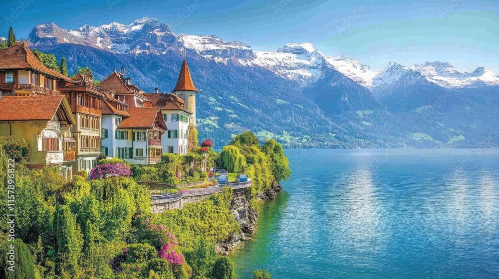 Fototapeta premium Scenic Swiss Lakeside Village with Snow-Capped Mountains and Blue Sky