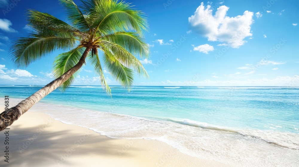 Tropical Beach Scene with Palm Tree and Clear Blue Sky Tropical Beach Scene with Palm Tree and Clear Blue Sky