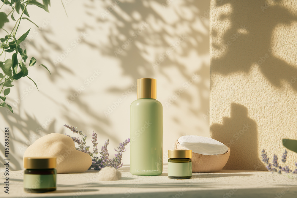 Cream tubes, serums and cream jars on a light-colored podium on a beige background. Concept: care cosmetics made of natural ingredients. Cream tubes, serums and cream jars on a light-colored podium on a beige background. Concept: care cosmetics made of natural ingredients.