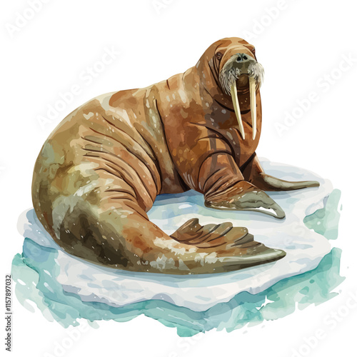 A watercolor vector of a walrus resting on an ice floe, isolated on a white background. Walrus vector.
