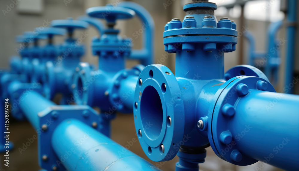 Obraz premium Close-up view of new blue water pipeline equipment. Modern industrial water distribution system. Blue metal pipes, connections. Water valves, fittings. Industrial structure for water flow. Durable