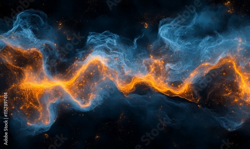 A dynamic array of luminous blue and orange particles form soft, undulating waves in a dark space. Perfect for tech-oriented designs, futuristic interfaces, or abstract visuals. photo