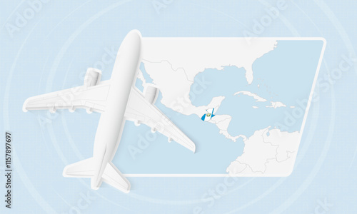 Guatemala Travel Illustration with Plane and National Flag. Airplane Flying Over Guatemala Map.