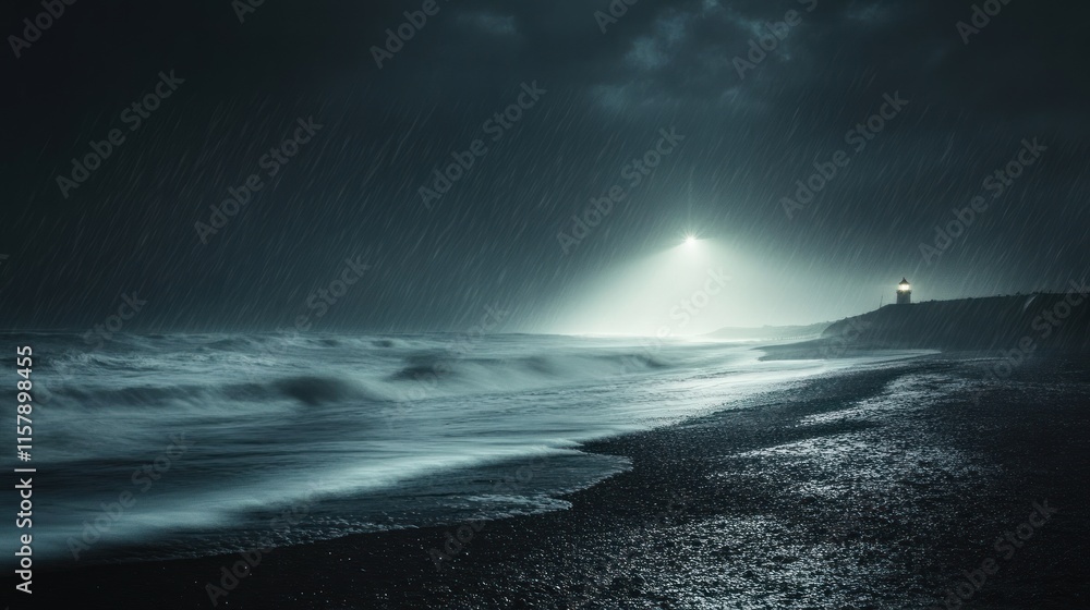 Fototapeta premium Dramatic stormy night seascape with lighthouse beam.