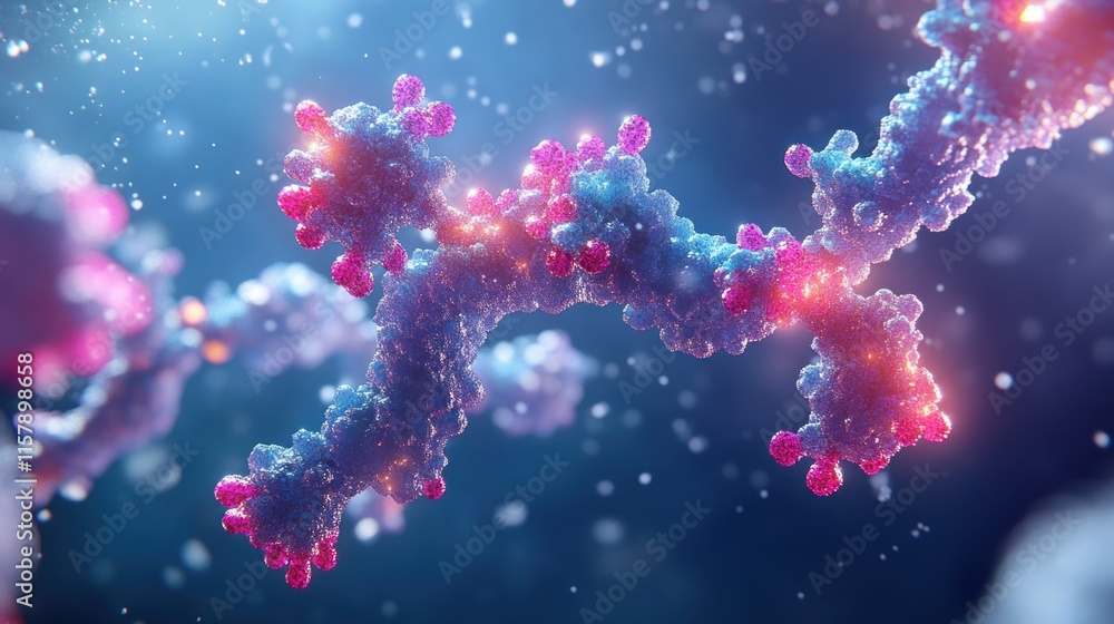 Microscopic view of a complex protein molecule with glowing atoms. Microscopic view of a complex protein molecule with glowing atoms.