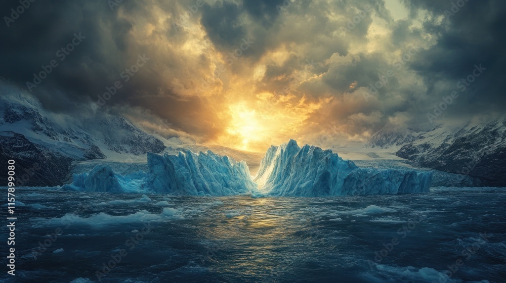 Dramatic sunset over icy glaciers and cold ocean. Dramatic sunset over icy glaciers and cold ocean.