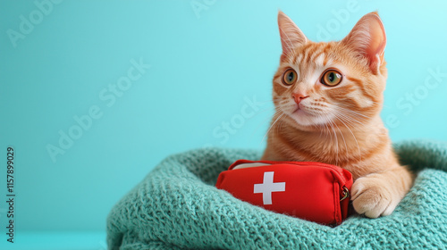 Charming orange cat with knitted blanket and first aid kit on light blue background, pet care and veterinary banner with empty space for text