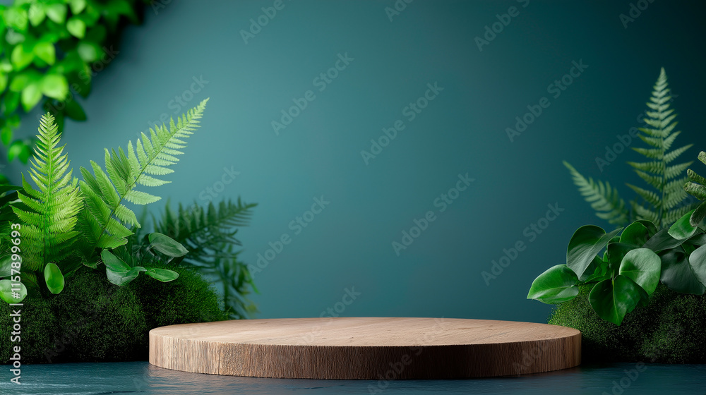 A product mockup with an eco-friendly theme: a wooden podium surrounded by green ferns and moss, with a soft, diffused light creating a natural and organic atmosphere for a product presentation. A product mockup with an eco-friendly theme: a wooden podium surrounded by green ferns and moss, with a soft, diffused light creating a natural and organic atmosphere for a product presentation.