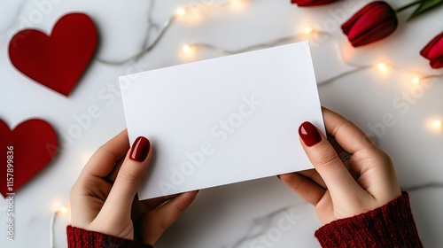 Hands holding a blank empty white card blank for text and love message, background featuring glowing red hearts. Copy space photo