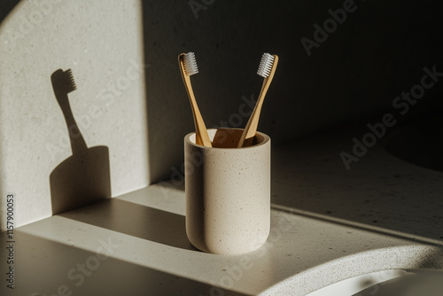 Two wooden toothbrushes in a glass near the sink. Concept: cohabitation, couple in love, family. 