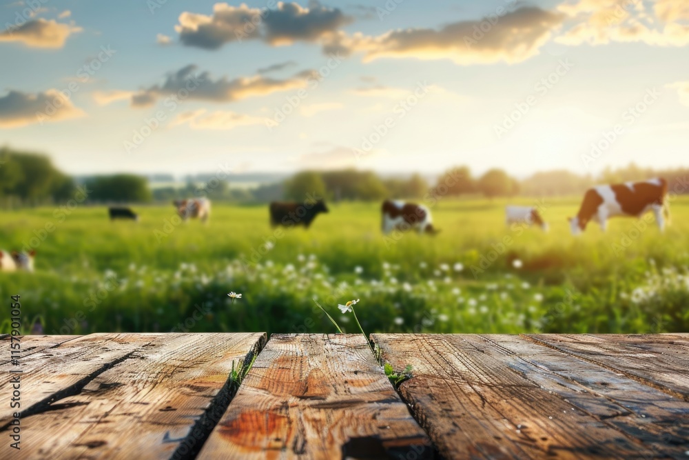 Obraz premium Empty wooden table top with grass field and cows background.