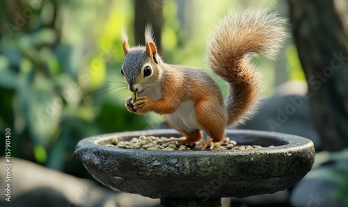 Mischievous squirrel balancing on a bird feeder, its bushy tail flicking as it grabs a seed. photo