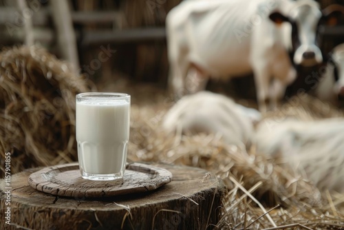 Milk on wooden plate with cows on the background photo