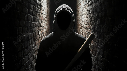 Hooded criminal holding baseball bat in dark alley