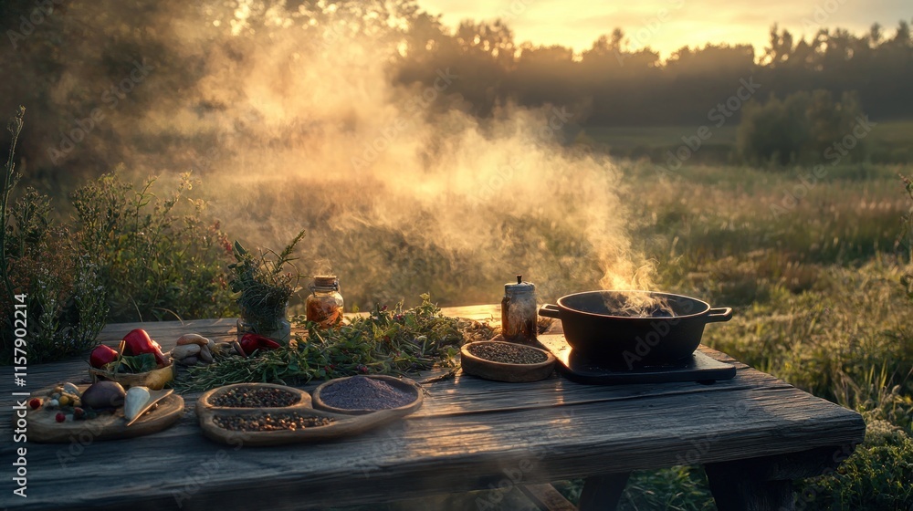 Sunrise cooking outdoors with herbs and spices on rustic table. Sunrise cooking outdoors with herbs and spices on rustic table.