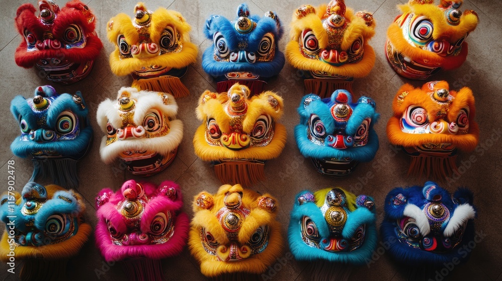 Fototapeta premium Colorful Lion Dance Masks Displayed in a Traditional Arrangement