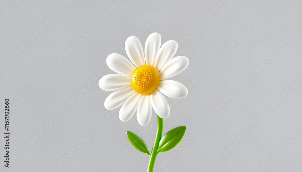Daisy plastic flower with white petals, green stem and leaf. Cartoon icon 3d render illustration. Cute chamomile bubble bloom for spring and summer design. Glossy balloon blossom floral element, dre Daisy plastic flower with white petals, green stem and leaf. Cartoon icon 3d render illustration. Cute chamomile bubble bloom for spring and summer design. Glossy balloon blossom floral element, dre