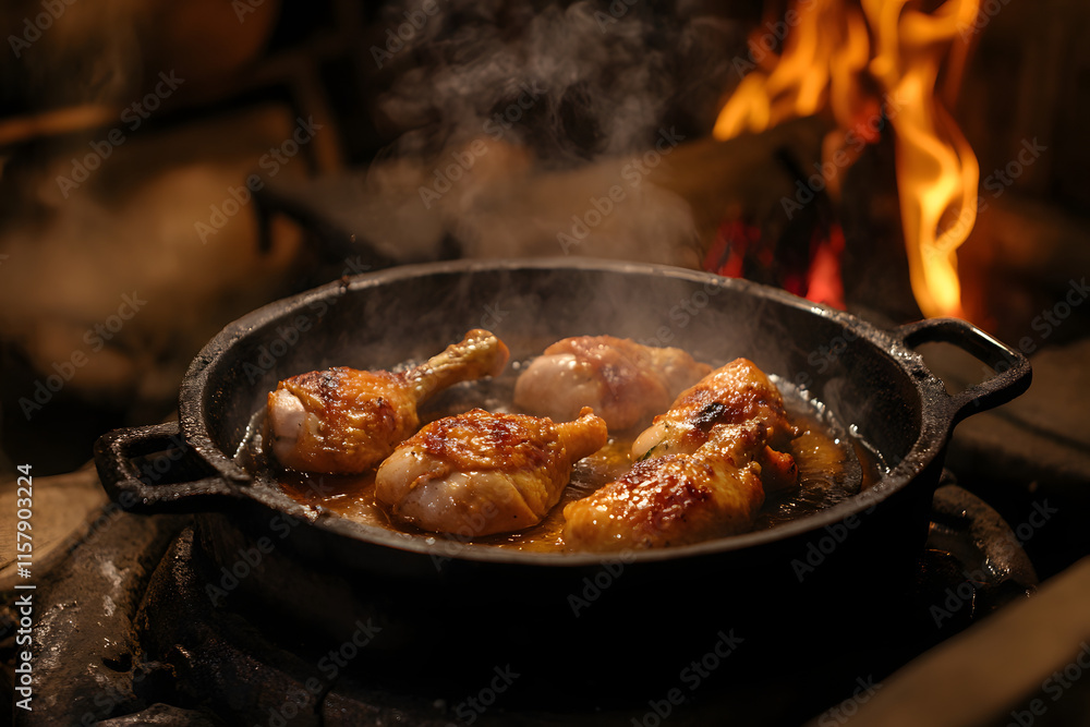 Sizzling Chicken Drumsticks Cooking in Cast Iron Pan Over Open Flame Sizzling Chicken Drumsticks Cooking in Cast Iron Pan Over Open Flame
