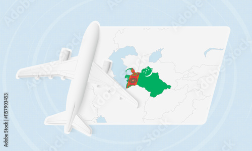 Turkmenistan Travel Illustration with Plane and National Flag. Airplane Flying Over Turkmenistan Map.