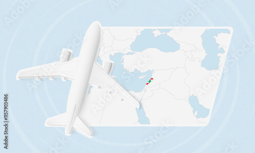 Lebanon Travel Illustration with Plane and National Flag. Airplane Flying Over Lebanon Map.