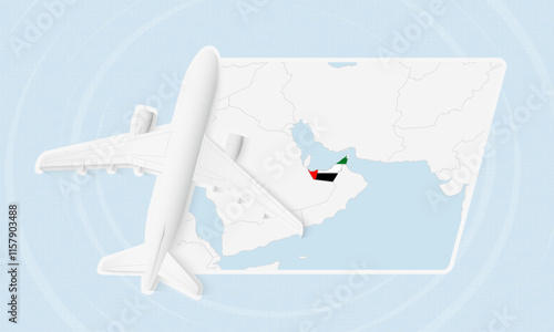United Arab Emirates Travel Illustration with Plane and National Flag. Airplane Flying Over United Arab Emirates Map.
