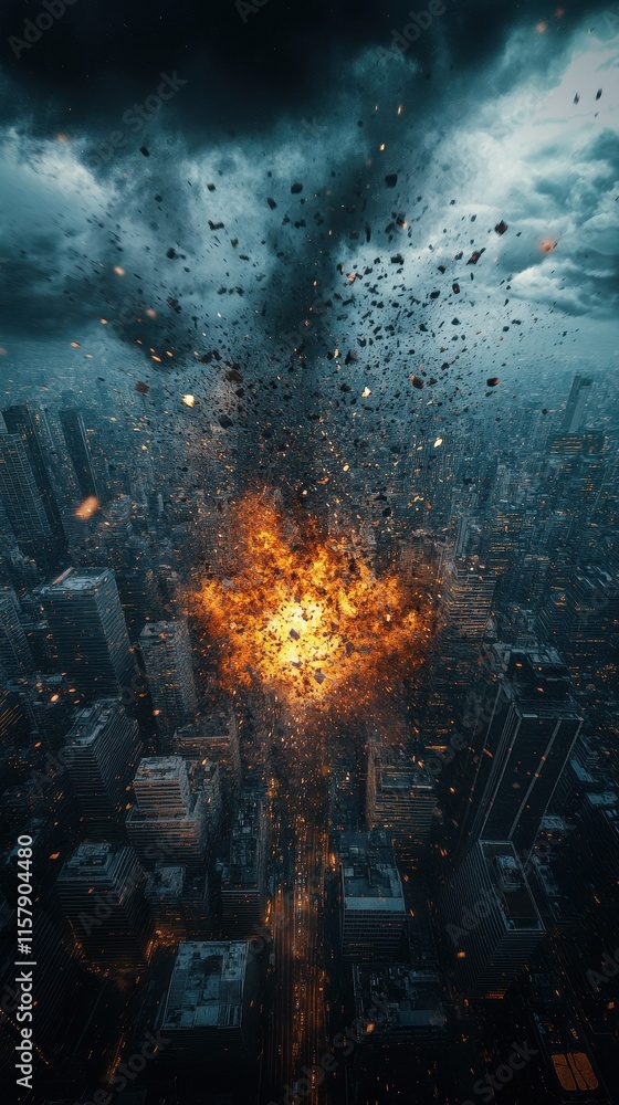 Naklejka premium Dramatic explosion in a cityscape at dusk.