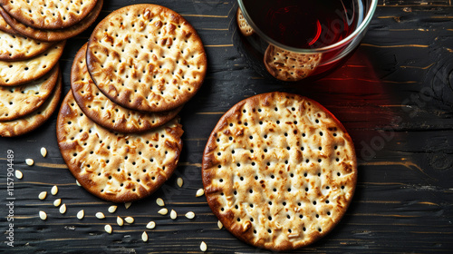 Traditional Jewish Matzah Bread With Sesame Seeds For Passover Holiday Celebration, Copy Space photo