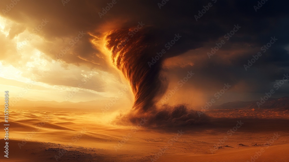 Fototapeta premium Fiery desert dust devil at sunset.