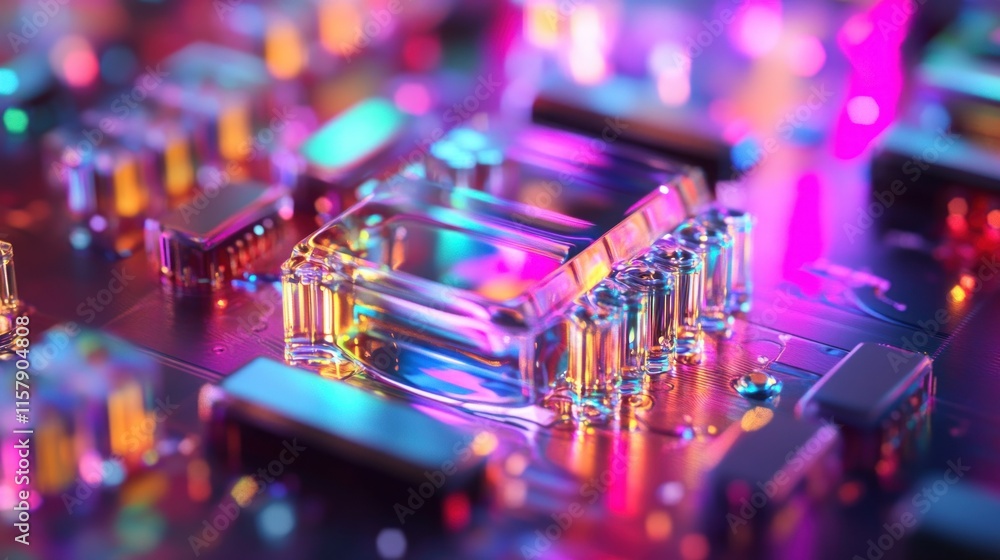 Close-up of a vibrant, colorful circuit board with a glowing transparent processor. Close-up of a vibrant, colorful circuit board with a glowing transparent processor.