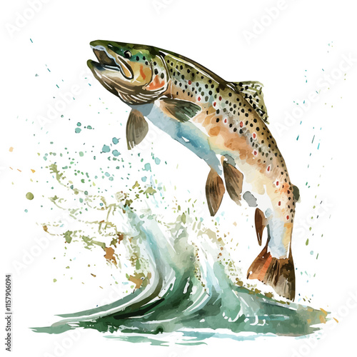 A watercolor vector painting of a trout leaping from a stream, isolated on a white background. Trout vector.

