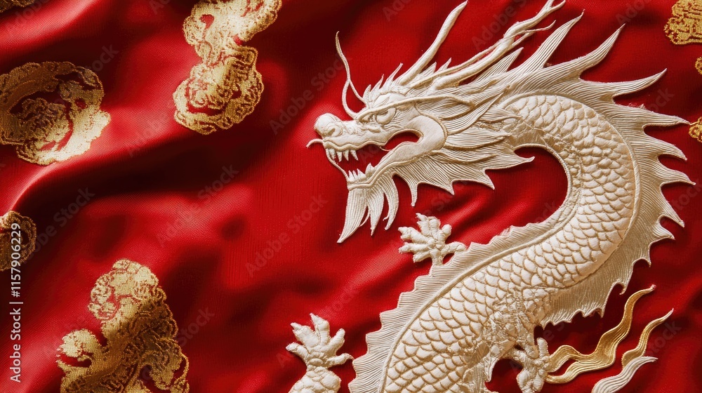 Elegant Red Fabric with Intricate Golden Dragon Embroidery