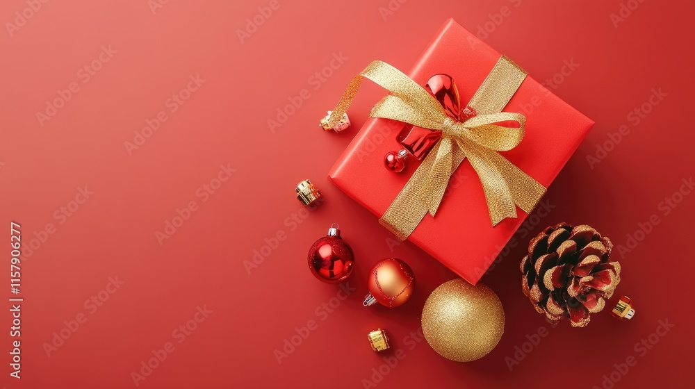 Festive Red Gift Box with Golden Bow and Christmas Decorations Festive Red Gift Box with Golden Bow and Christmas Decorations