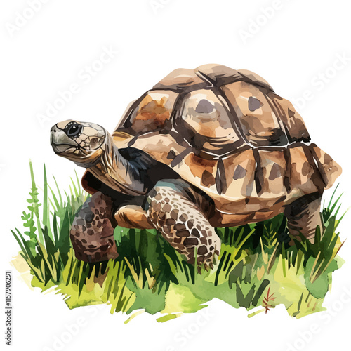 A watercolor of a tortoise making its way through the grass, isolated on a white background. Tortoise vector.
