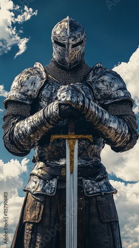 A powerful image of a medieval knight in full armor standing under a clear blue sky, symbolizing strength, honor, and the historical era of chivalry. photo