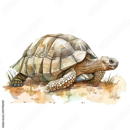 A watercolor of a tortoise making its way through the grass, isolated on a white background. Tortoise vector.
