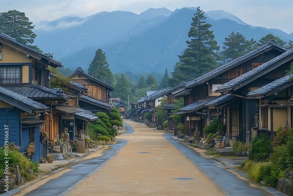 Serene Japanese Village Street nestled amongst Mountains Serene Japanese Village Street nestled amongst Mountains
