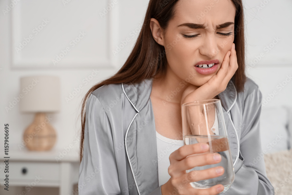 Young woman in pajamas with glass of water suffering from toothache at home, closeup Young woman in pajamas with glass of water suffering from toothache at home, closeup