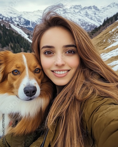 A woman and her companionable dog take a joyful selfie against a stunning backdrop of snowy mountain peaks, capturing the essence of adventurous outdoor fun. photo