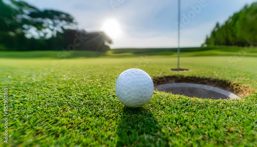 A white golf ball placed next to the hole on a green on a golf course.