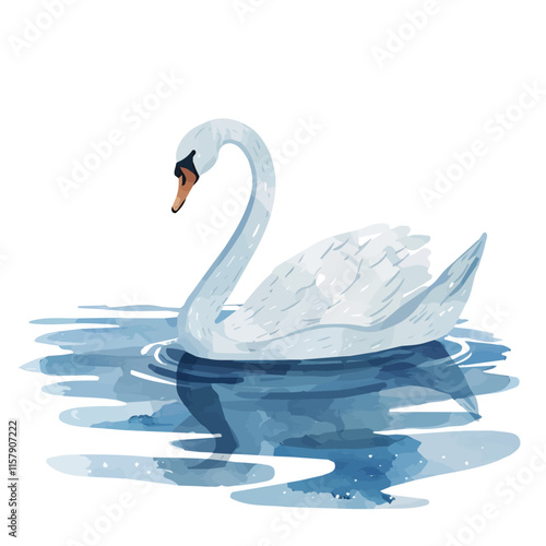 A watercolor drawing of a swan gliding gracefully across the lake, isolated on a white background. Swan vector.
