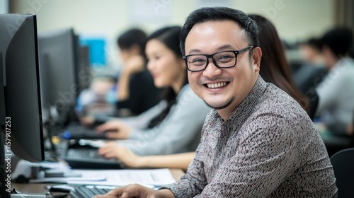 A cheerful man sits in an office, smiling brightly at the camera as he works on a computer with colleagues in the background, creating a positive work environment. photo